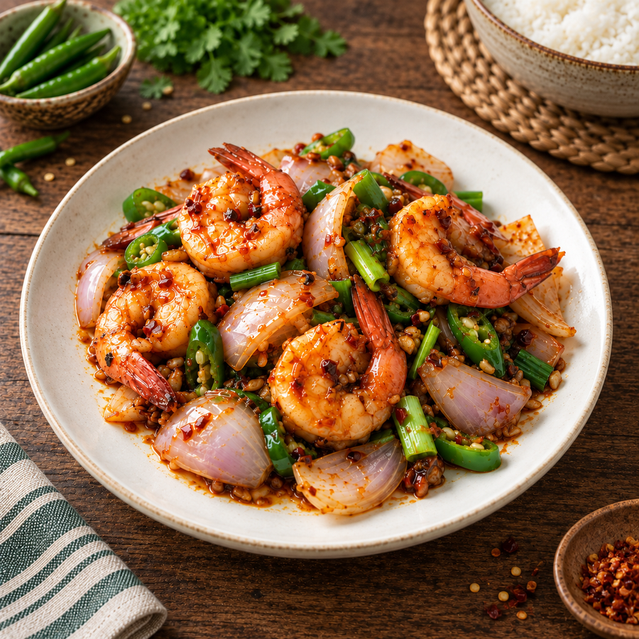 Chilli Prawns with Onions