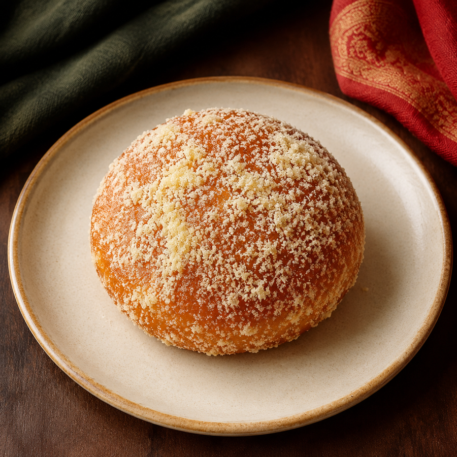 One piece of red Channar Balushai on a cream plate