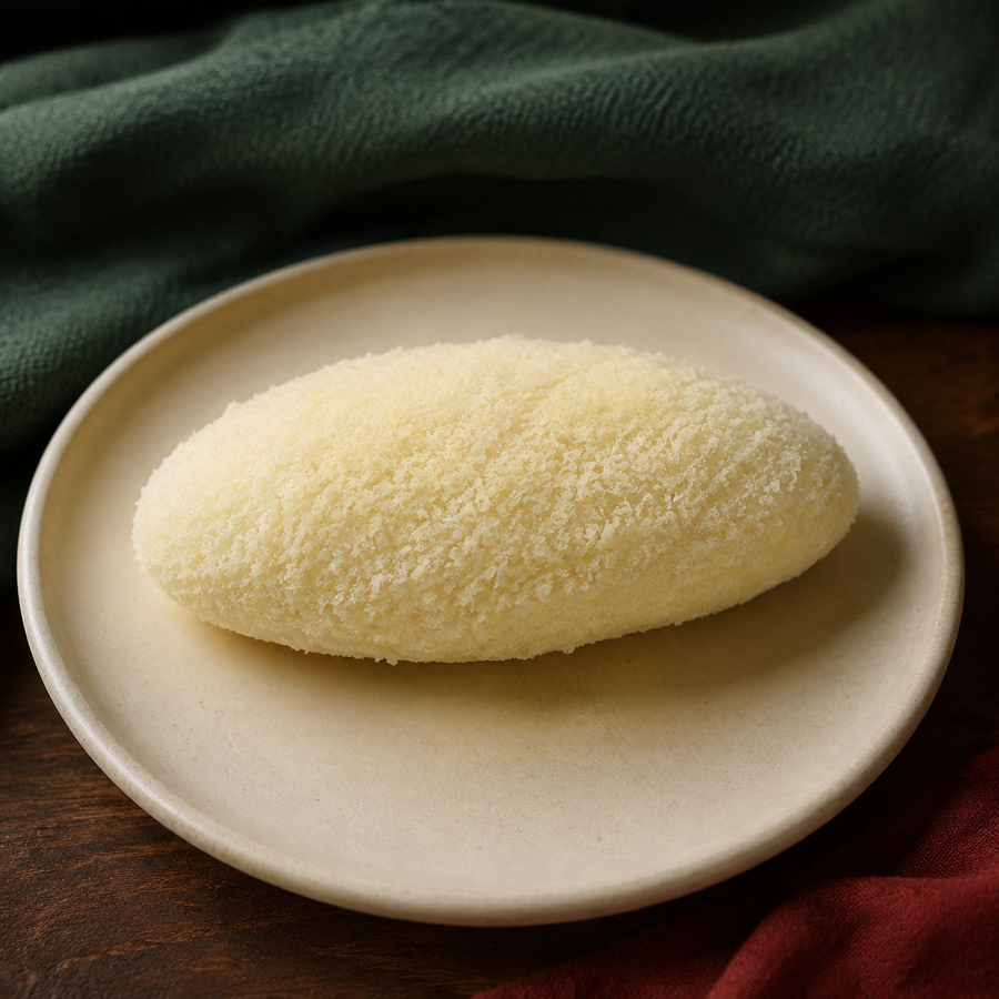 One piece of white Chom Chom on a cream plate